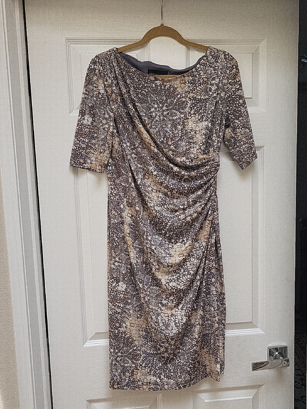 Connected Apparel Beige and Gray Printed Draped Midi Dress
